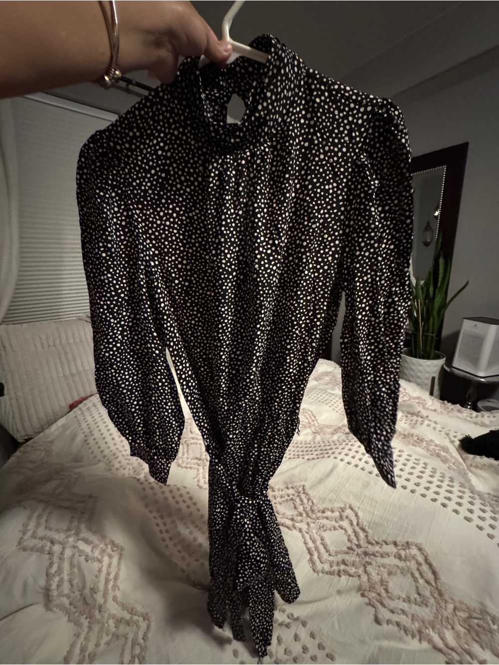 Sanctuary Black Blouse with White Dot Print and Tie Waist